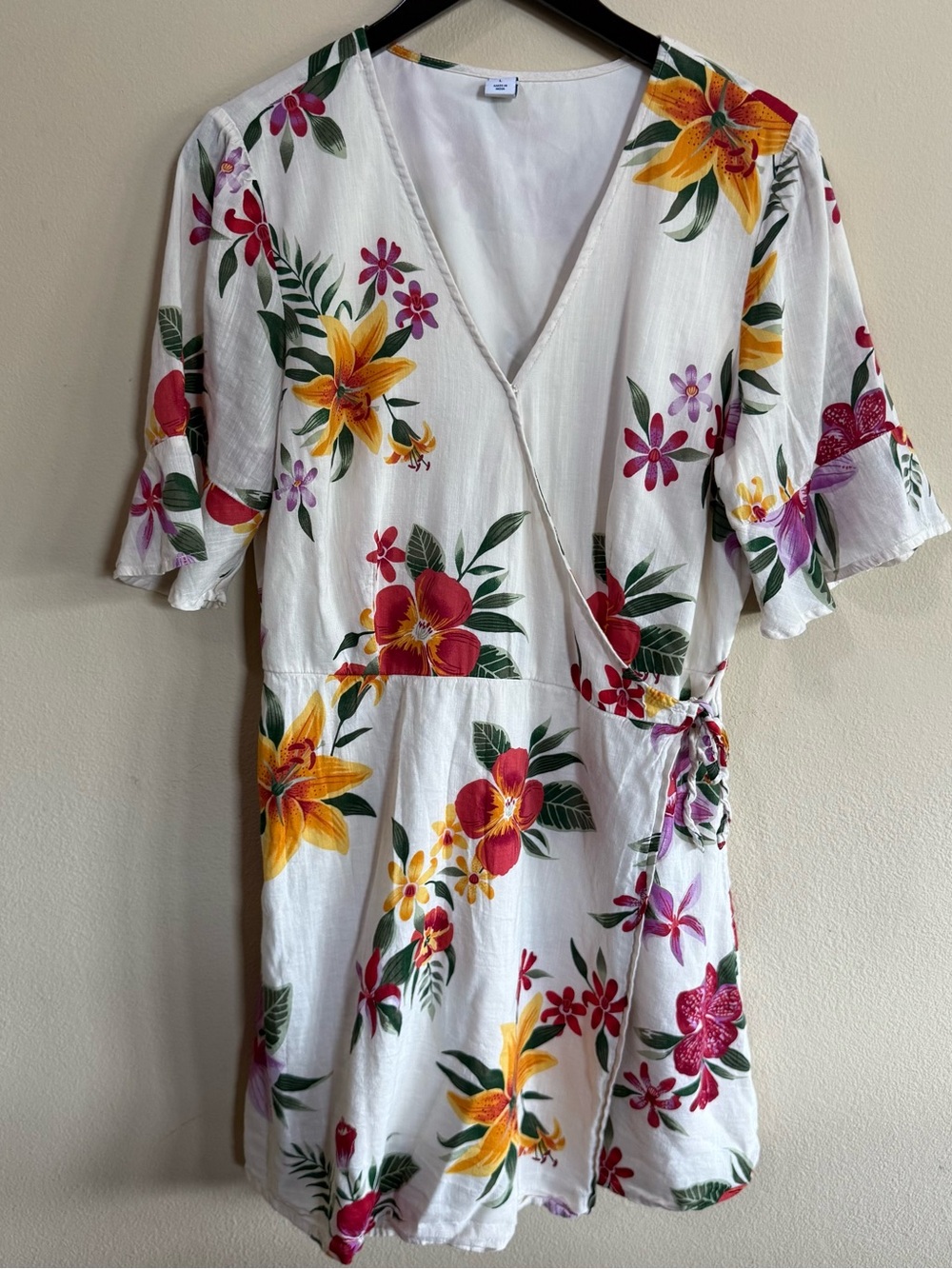 Old Navy White Floral Wrap Midi Dress with Yellow & Red Blooms